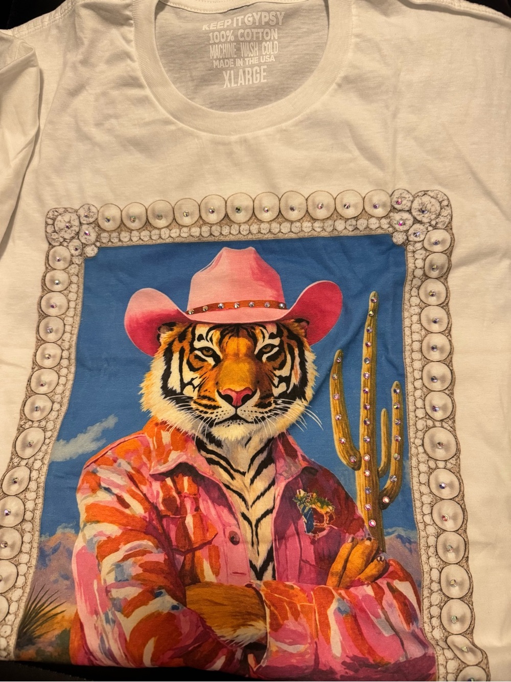Keep It Gypsy White Short-Sleeve Tee with Pink Cowboy Tiger Graphic